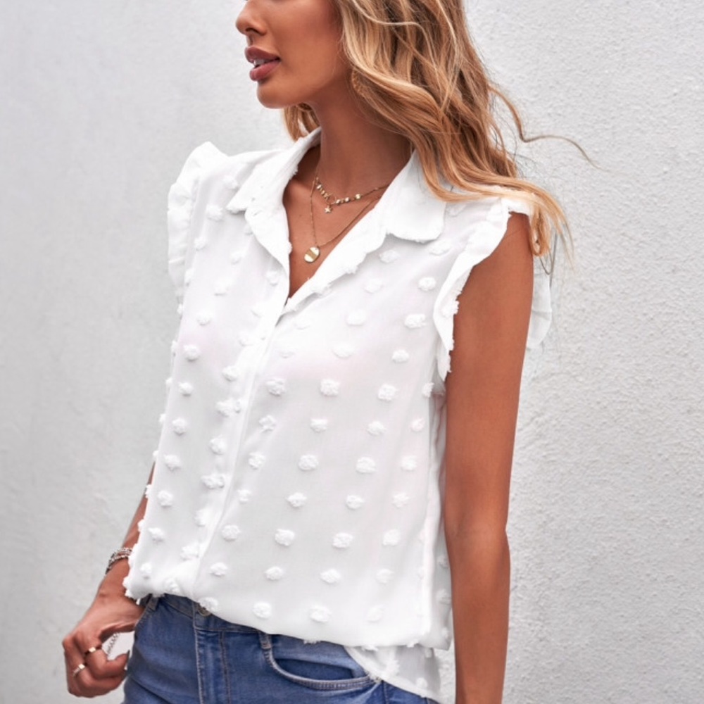 White Button Up Top w/Ruffles on Armholes - Picture 2 of 6